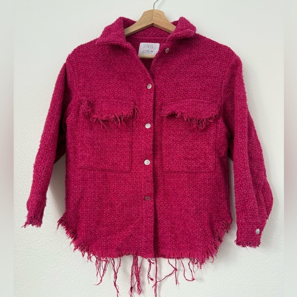 Zara girl tweed coat jacket Pink Frayed Button-Up Jacket size 11-12